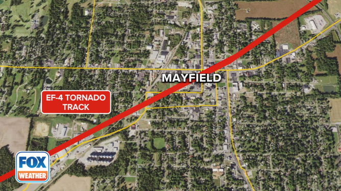 The path of the tornado through Mayfield, Kentucky on December 10, 2021.