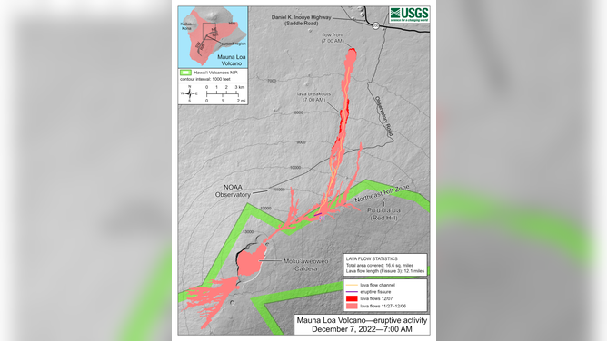 The latest Mauna Loa eruption map showing the active lava flow from fissure 3 approaching Saddle Road. 