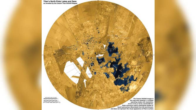 This colorized mosaic from NASA's Cassini mission shows the most complete view yet of Titan's northern land of lakes and seas. Saturn's moon Titan is the only world in our solar system other than Earth that has stable liquid on its surface. The liquid in Titan's lakes and seas is mostly methane and ethane.