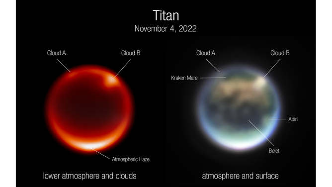 Images of Saturn’s moon Titan, captured by the James Webb Space Telescope’s NIRCam instrument Nov. 4, 2022