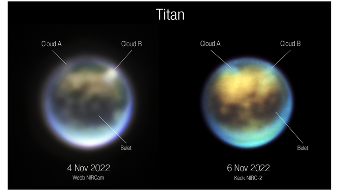 Evolution of clouds on Titan over 30 hours between November 4 and November 6, 2022, as seen by Webb NIRCam (left) and Keck NIRC-2 (right). Titan’s trailing hemisphere seen here is rotating from left (dawn) to right (evening) as seen from Earth and the Sun.