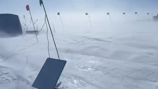 A Starlink internet "dishy" working at Allan Hills, Antarctica where COLDEX researchers are searching for ancient ice cores.