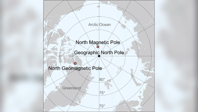 Map of the Arctic Circle, with the three North Poles pinpointed, as of 2017.