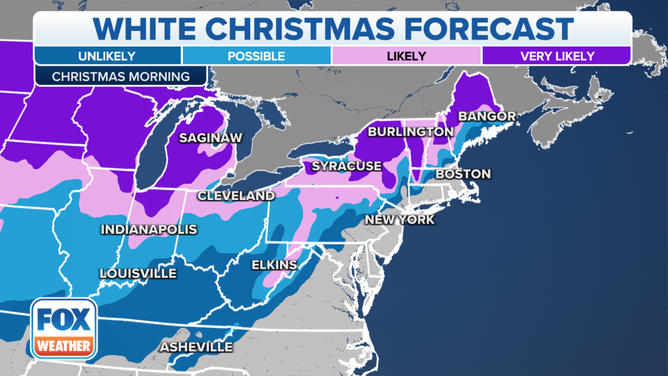 Una mappa che mostra la probabilità di un bianco Natale negli Stati Uniti orientali