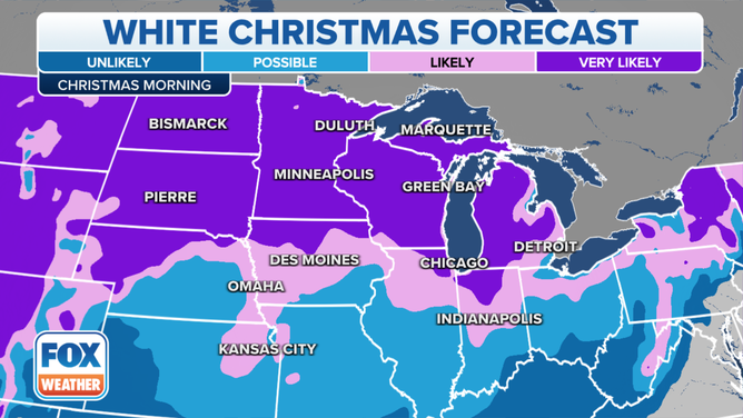 Una mappa che mostra la probabilità di un bianco Natale negli Stati Uniti settentrionali