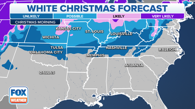 Una mappa che mostra la probabilità di un bianco Natale negli Stati Uniti meridionali