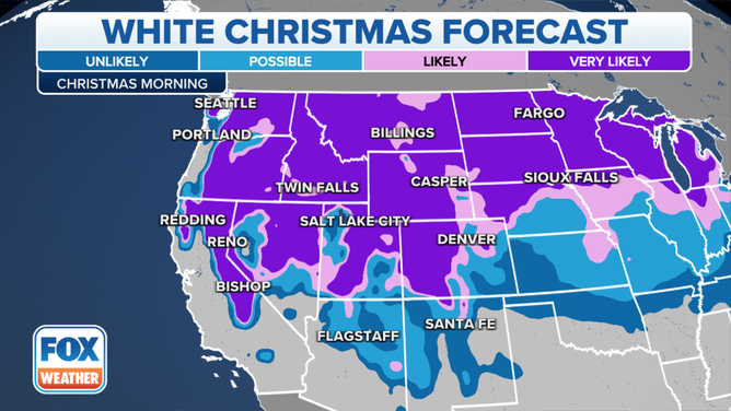 Una mappa che mostra la probabilità di un bianco Natale negli Stati Uniti occidentali