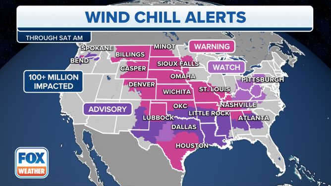 A map showing Wind Chill Alerts across the U.S.