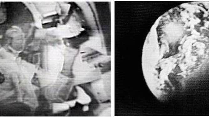 Left: A still image from the fifth TV broadcast of the Apollo 8 mission. Right: An image of the Earth from the mission’s final TV transmission.