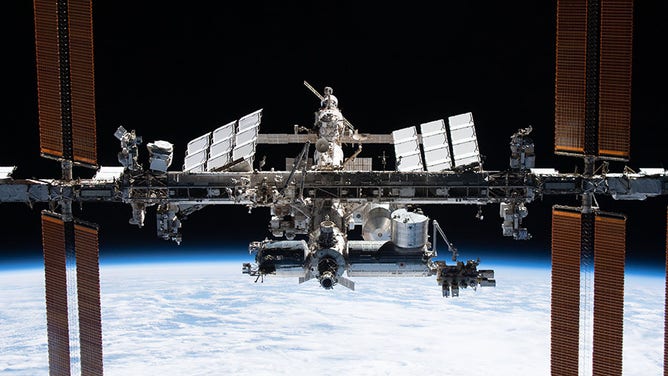 The space station as seen from the SpaceX Crew Dragon Endeavour during its departure on Nov. 8, 2021. 