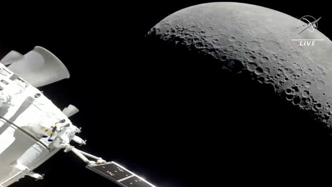 The view of the moon from NASA's Orion spacecraft on Dec. 5, 2022 as it begins the journey back to Earth. The spacecraft completed a return powered flyby burn, swinging around the moon to head home.