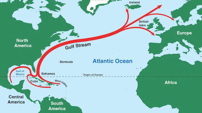 Marked in red, the Gulf Stream is an ocean current that carries warm water from the Caribbean, up the eastern coast of the U.S. and on to western Europe.