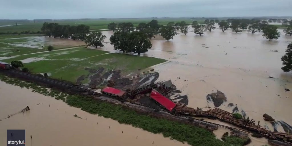 Watch: Drone captures train derailed extreme flooding in New Zealand