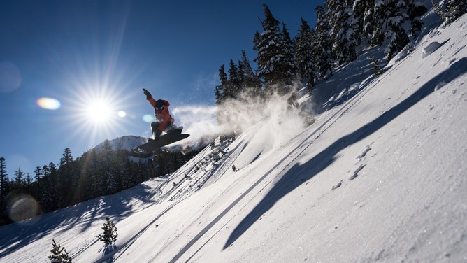 A snowboarder on Mammoth Mountain in California.