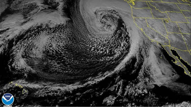 A Jan. 4, 2023 view of the bomb cyclone storm moving over the West Coast as seen by NOAA's newest GOES West satellite.