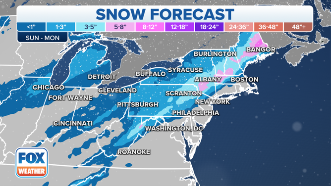 Heavy snow is possible for parts of the interior Northeast between Sunday and Monday.