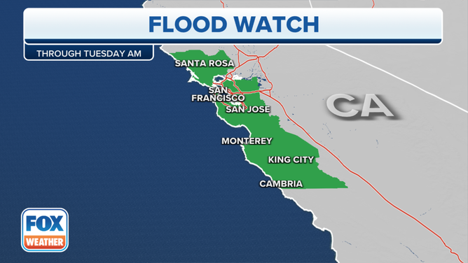 Flood Watches have been posted from the San Francisco Bay area south through Monterey, King City and Cambria.