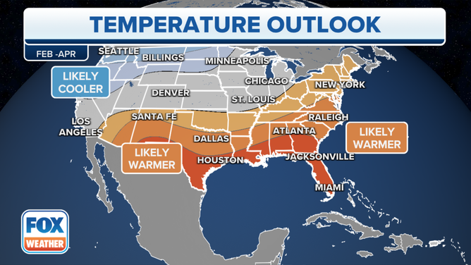 The three-month temperature outlook from the Climate Prediction Center.