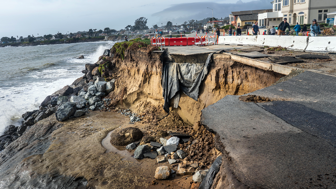 A portion of West Cliff Drive fell into the Pacific Ocean after a series of powerful storms of rain and high winds hit Californias Central Coast in Santa Cruz, California on Sunday January 8, 2023.