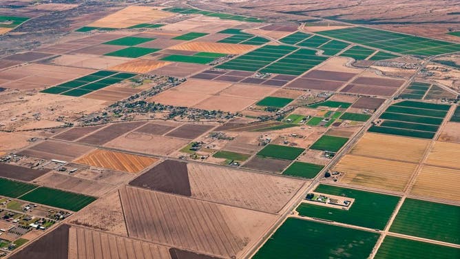 Aerial view of farmlands in Pinal County, Arizona.