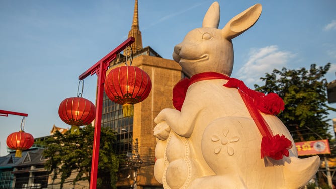 Year of the rabbit decorations are seen throughout Chinatown on the eve of Lunar New Year on January 20, 2023 in Bangkok, Thailand.