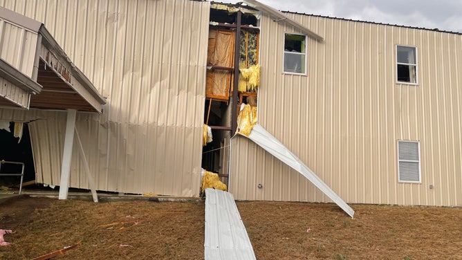 Damage to Wadsworth Baptist Church in Deatsville, Alabama, after a tornado on January 12, 2023.