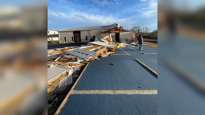 A bare foundation at Wadsworth Baptist Church, as the building that sat atop it was blown to pieces. The church is located in Deatsville, Alabama, and it was struck by a tornado on January 12, 2023.
