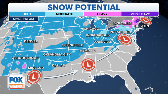 Snowfall potential map for the workweek