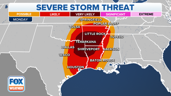 The FOX Forecast Center is tracking the potential for dangerous weather beginning Monday in eastern parts of Oklahoma and Texas and stretching eastward into Arkansas, Louisiana and western Mississippi.
