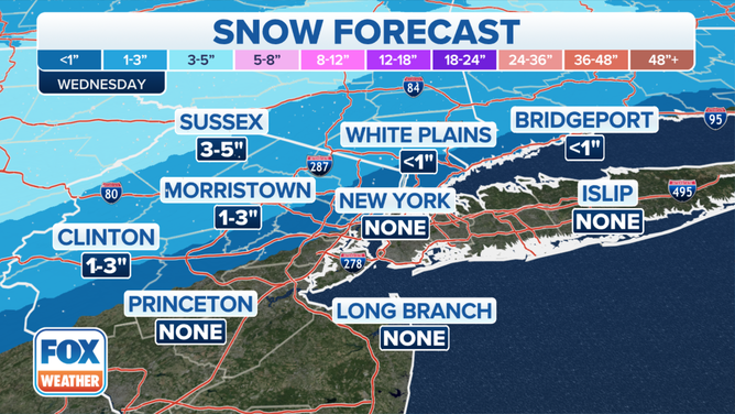 The snow forecast for the New York City metropolitan area.