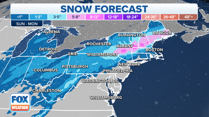 Snowfall forecast in the Northeast between Sunday and Monday.