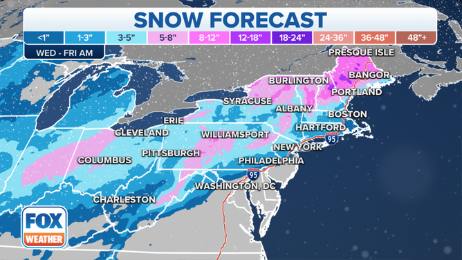 Potential snow totals for the Northeast and New England from Wednesday through Friday.