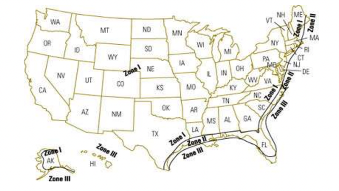 Map of Wind Zones for Manufactured Homes in the United States.