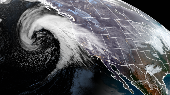 A weather system known as an atmospheric river moves over the West Coast on Jan. 4, 2023 as seen by the GOES West satellite.