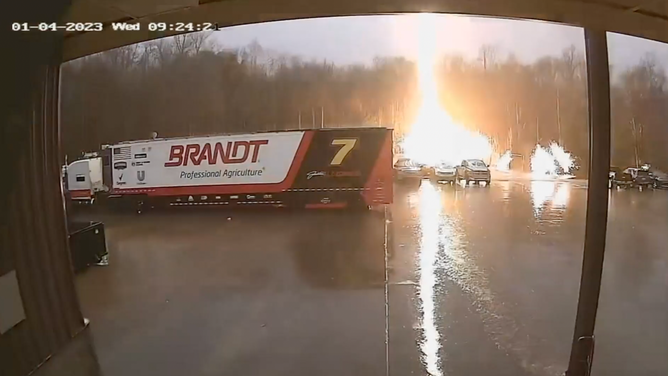 Lightning strike in parking lot of JR Motorsports in Mooresville, NC on January 4, 2023.