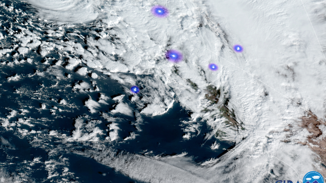 Lightning seen from NOAA's GOES-West satellite on Tuesday, Jan, 10, 2022.