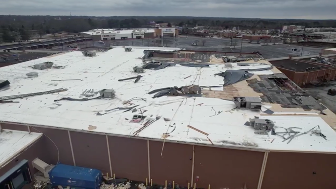 Aerial views of a Hobby Lobby store damaged in Griffin, Georgia after a severe weather outbreak on Jan. 12, 2023.