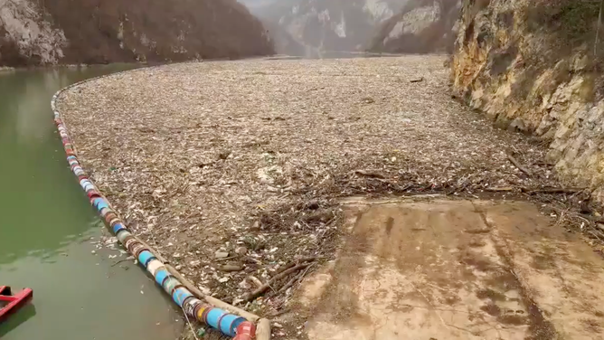 Garbage collected behind the trash barrier on the River Drina in eastern Europe. January 16, 2023.