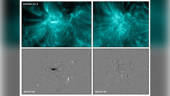 Two images of a solar active region (NOAA AR 2109) taken by SDO/AIA show extreme-ultraviolet light produced by million-degree-hot coronal gas (top images) on the day before the region flared (left) and the day before it stayed quiet and did not flare (right). The changes in brightness (bottom images) at these two times show different patterns, with patches of intense variation (black & white areas) before the flare (bottom left) and mostly gray (indicating low variability) before the quiet period (bottom right).