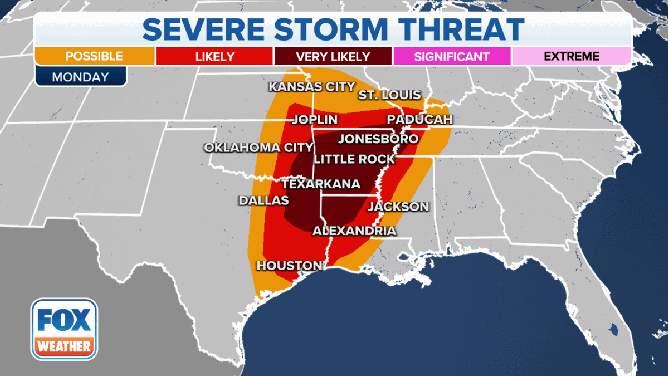 Severe thunderstorms could bring tornadoes, large hail and damaging winds to parts of the South on Monday.