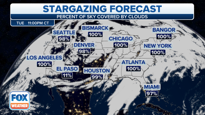 Tuesday, Jan, 3, 2023 cloud cover forecast for the Quadrantid meteor shower peak.