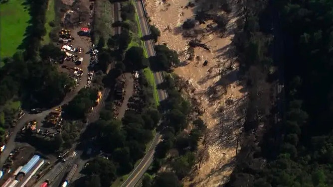 An ACE train was stalled because of a landslide in Niles Canyon in Fremont on Jan. 17, 2023.