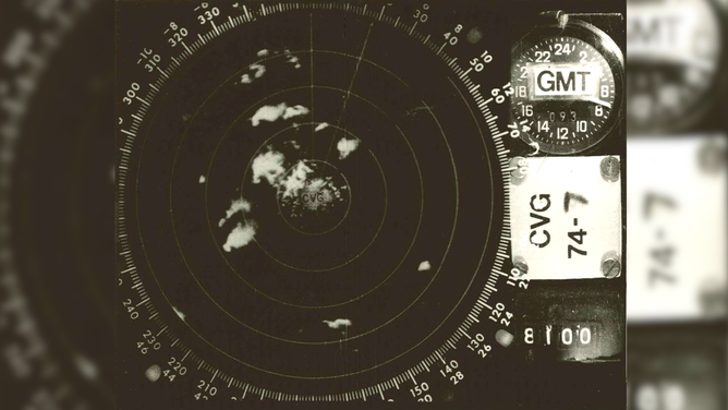 NWS Wilmington (OH) WSR-57 Radar image of supercells with hook echoes during 1974 Super Outbreak.