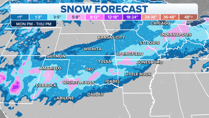 The potential snow totals from New Mexico and Texas to Indiana this week.