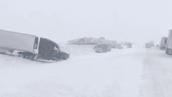 Semi-trucks and other vehicles that crashed during a snow storm in Strasburg, Colorado. January 18, 2023.