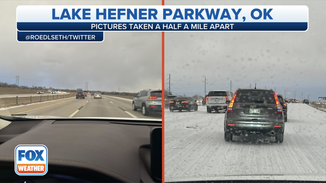 Photos taken just a half-mile apart show clear driving conditions and then a sleet-covered roadway on Lake Hefner Parkway in Oklahoma.