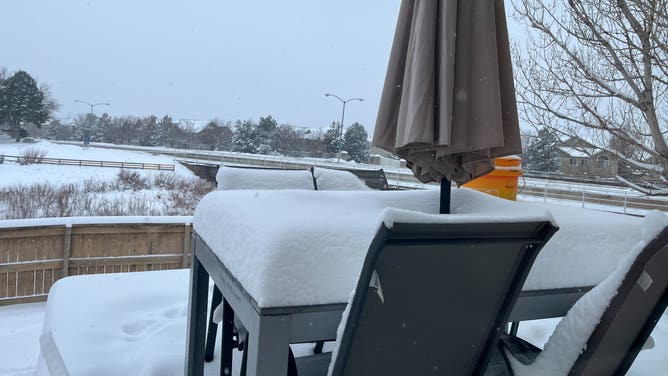 A patio covered in snow in Aurora, Colorado. January 18, 2023.