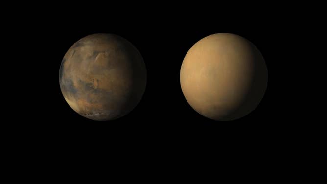 Side-by-side images shows how the 2018 Mars global dust storm enveloped the Red Planet, courtesy of the Mars Color Imager (MARCI) camera onboard NASA's Mars Reconnaissance Orbiter (MRO).