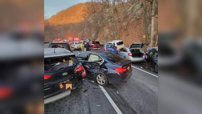Emergency crews responded to reports of an 18-car pileup due to black ice early Monday morning in Fort Montgomery, New York.