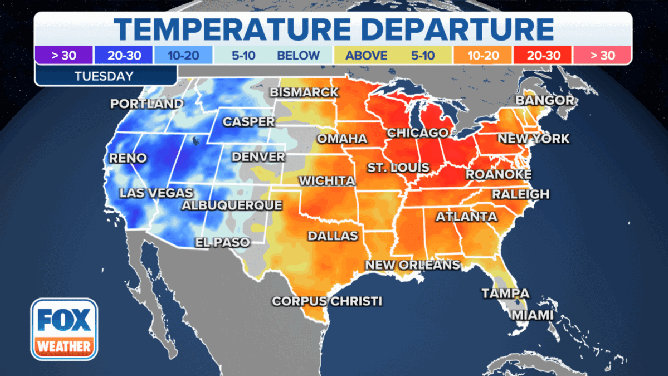 The eastern U.S. will enjoy above average temperatures this week while cold air settles across the western U.S.